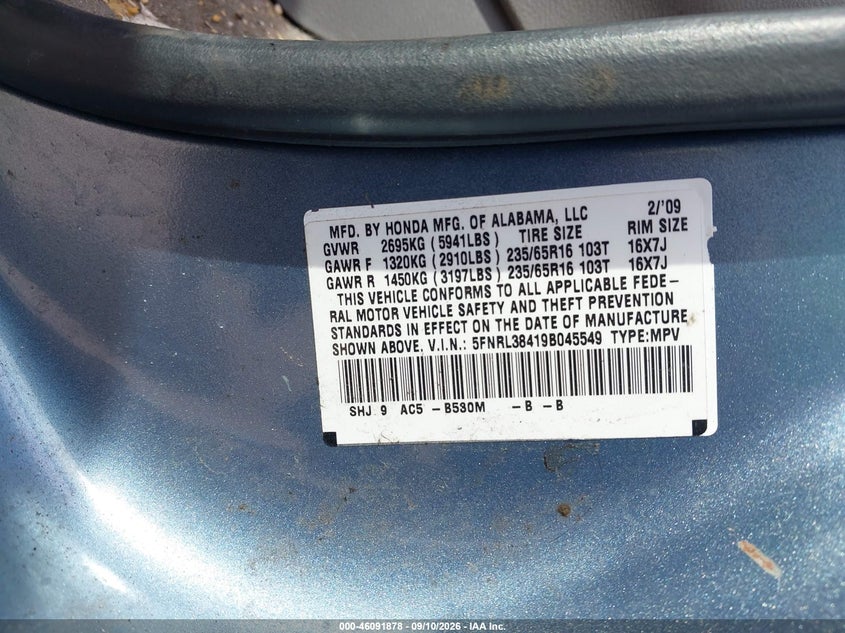 HONDA ODYSSEY 2009 VIN 5FNRL38419B045549