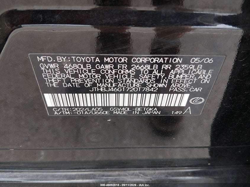 LEXUS ES 350 2007 VIN JTHBJ46G172017842