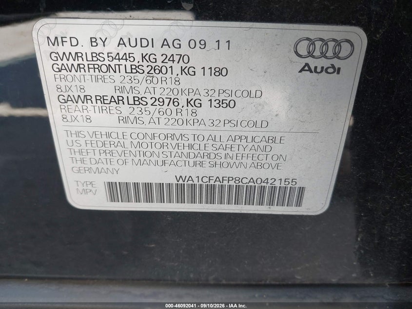 AUDI Q5 2012 VIN WA1CFAFP8CA042155