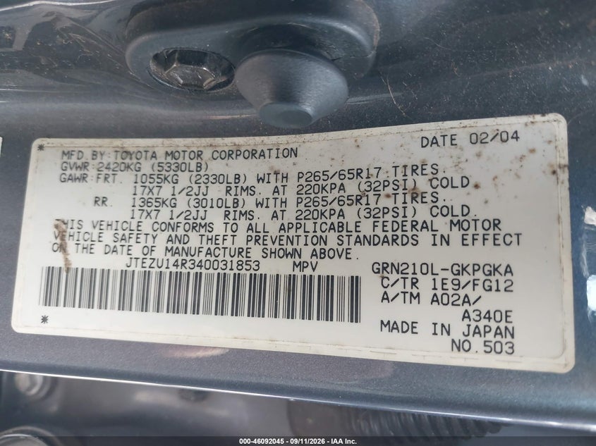 TOYOTA 4RUNNER 2004 VIN JTEZU14R340031853