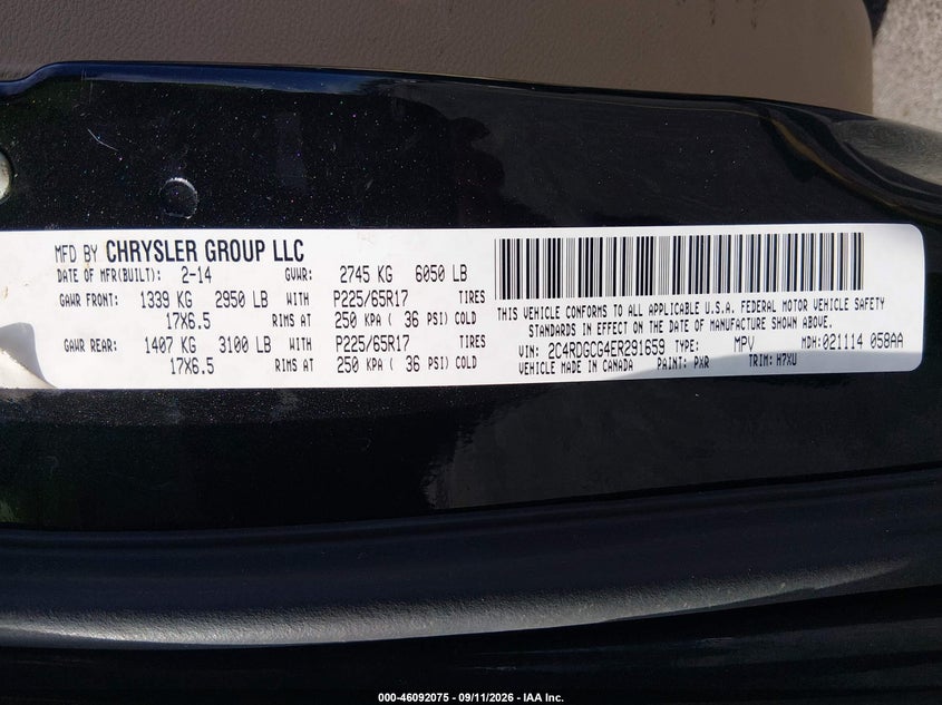 DODGE GRAND CARAVAN 2014 VIN 2C4RDGCG4ER291659