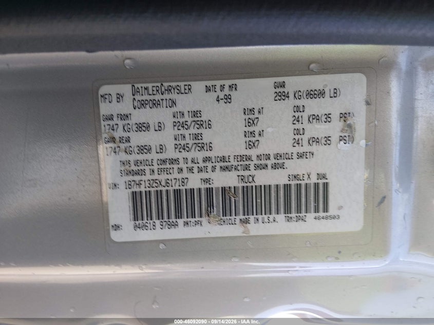DODGE RAM 1500 1999 VIN 1B7HF13Z5XJ617187