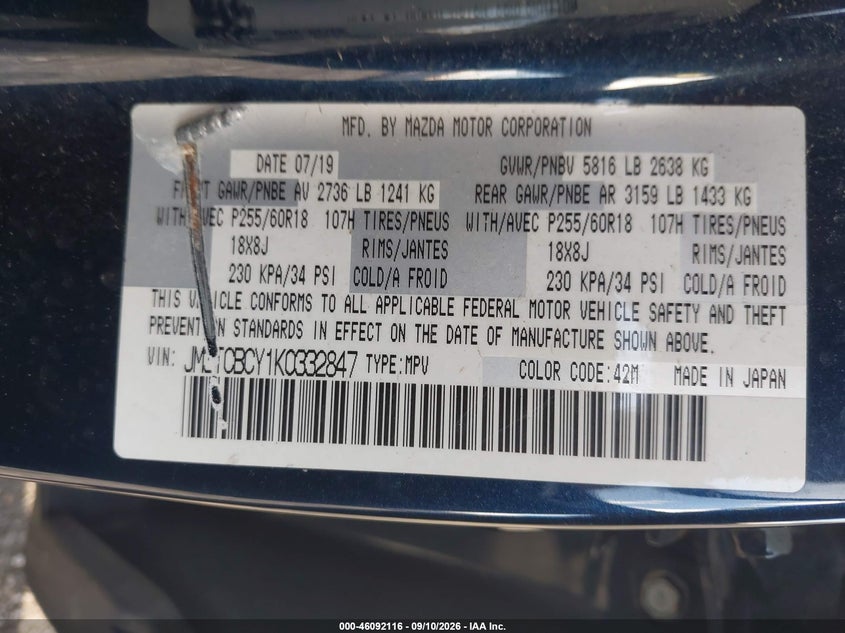 MAZDA CX-9 2019 VIN JM3TCBCY1K0332847