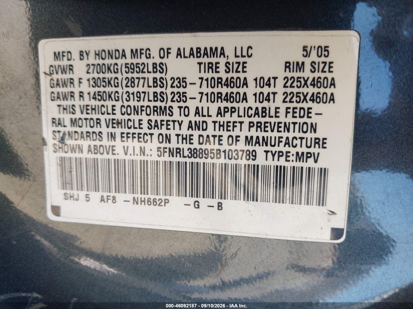 HONDA ODYSSEY 2005 VIN 5FNRL38895B103789