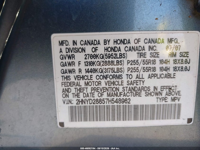 ACURA MDX 2007 VIN 2HNYD28857H548962