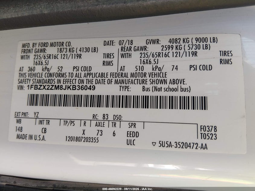 FORD TRANSIT-350 2018 VIN 1FBZX2ZM8JKB36049