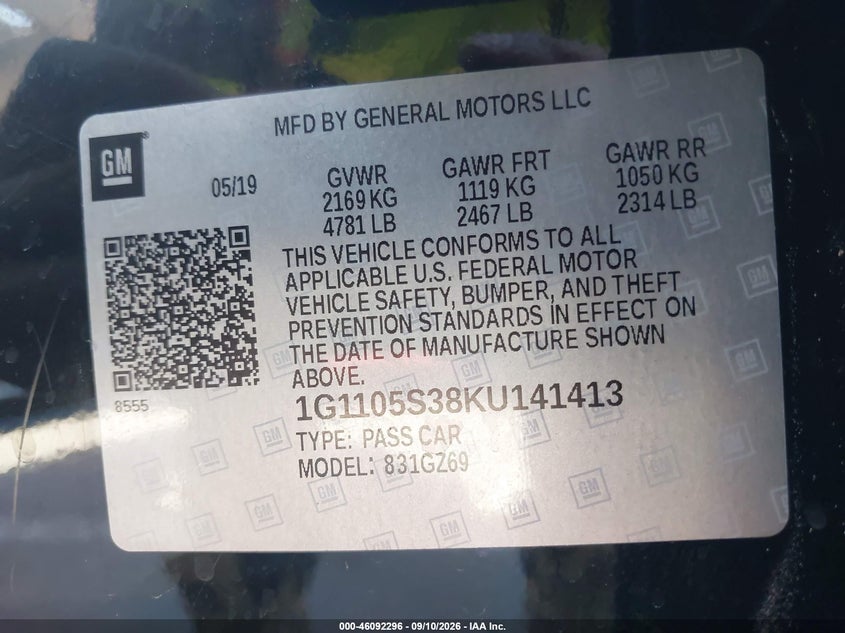 CHEVROLET IMPALA 2019 VIN 1G1105S38KU141413