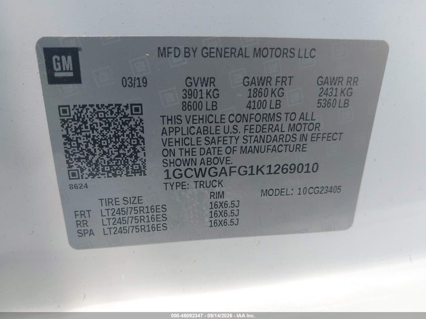 CHEVROLET EXPRESS 2500 2019 VIN 1GCWGAFG1K1269010