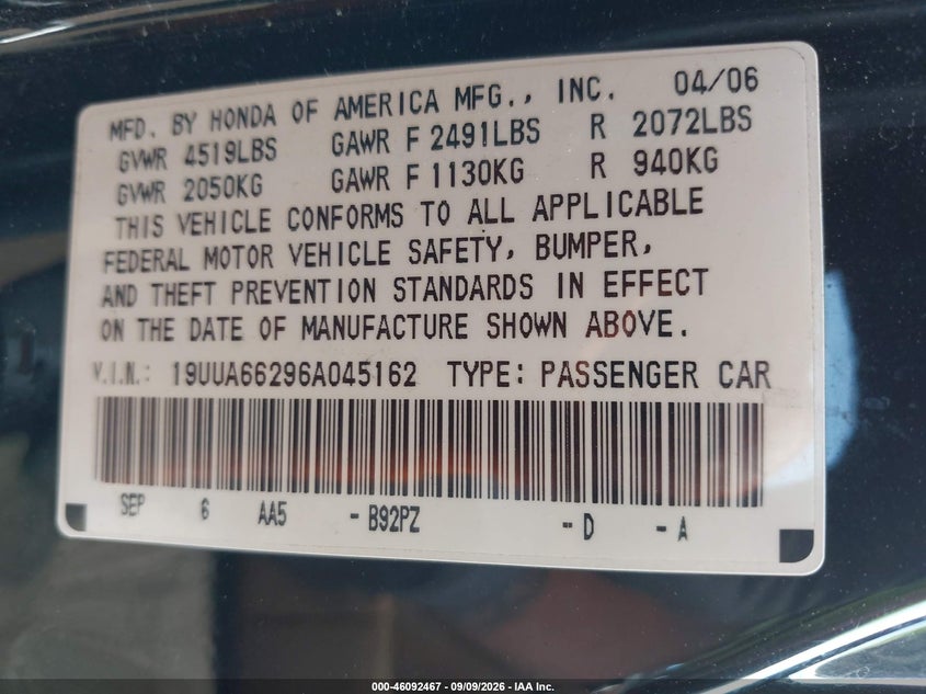 ACURA TL 2006 VIN 19UUA66296A045162