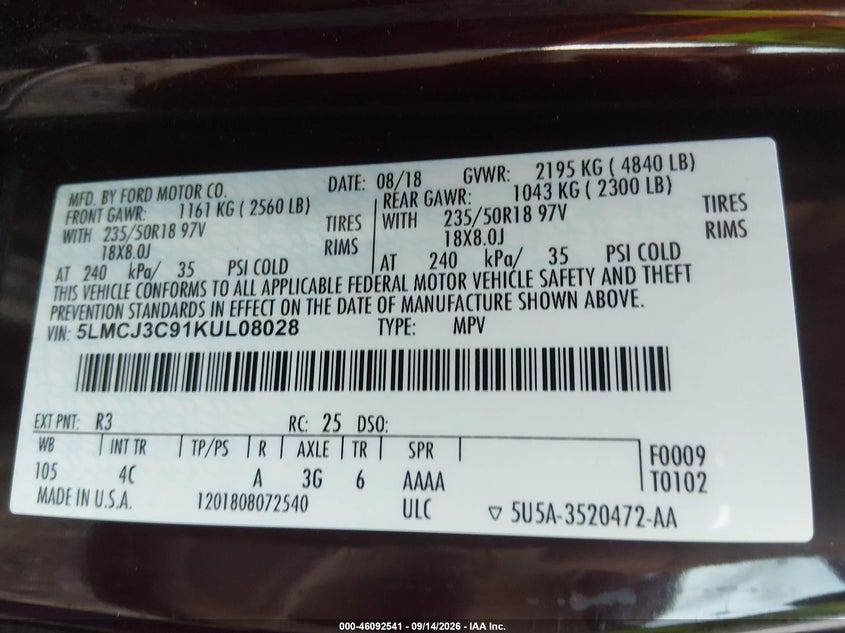 LINCOLN MKC 2019 VIN 5LMCJ3C91KUL08028