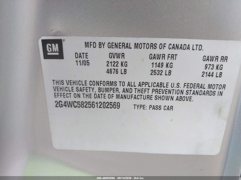 BUICK LACROSSE 2006 VIN 2G4WC582561202569