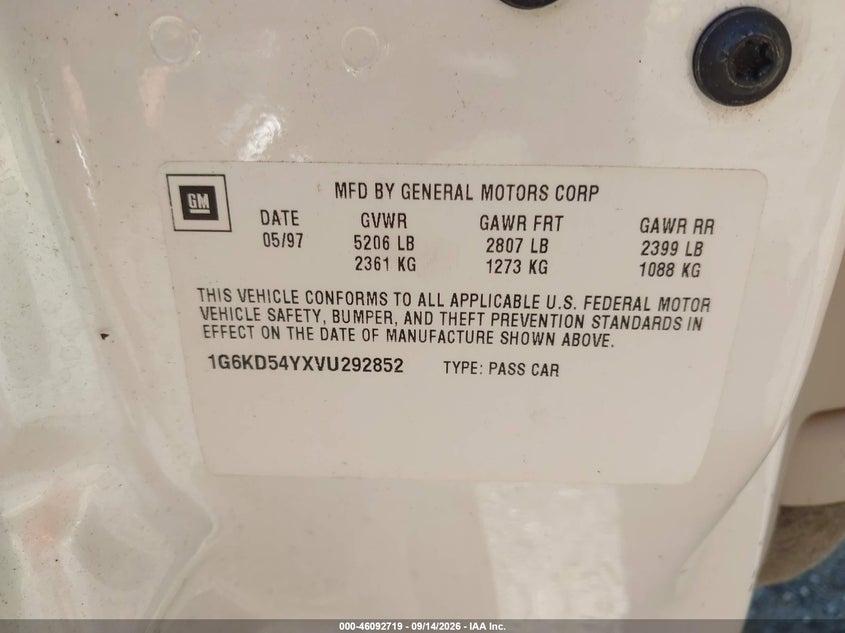 CADILLAC DEVILLE 1997 VIN 1G6KD54YXVU292852