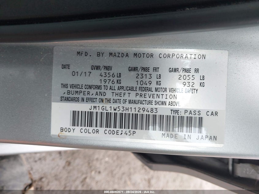 MAZDA MAZDA6 2017 VIN JM1GL1W53H1129483
