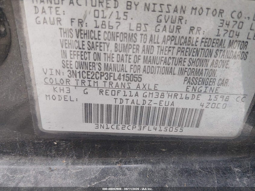 NISSAN VERSA NOTE 2015 VIN 3N1CE2CP3FL415055