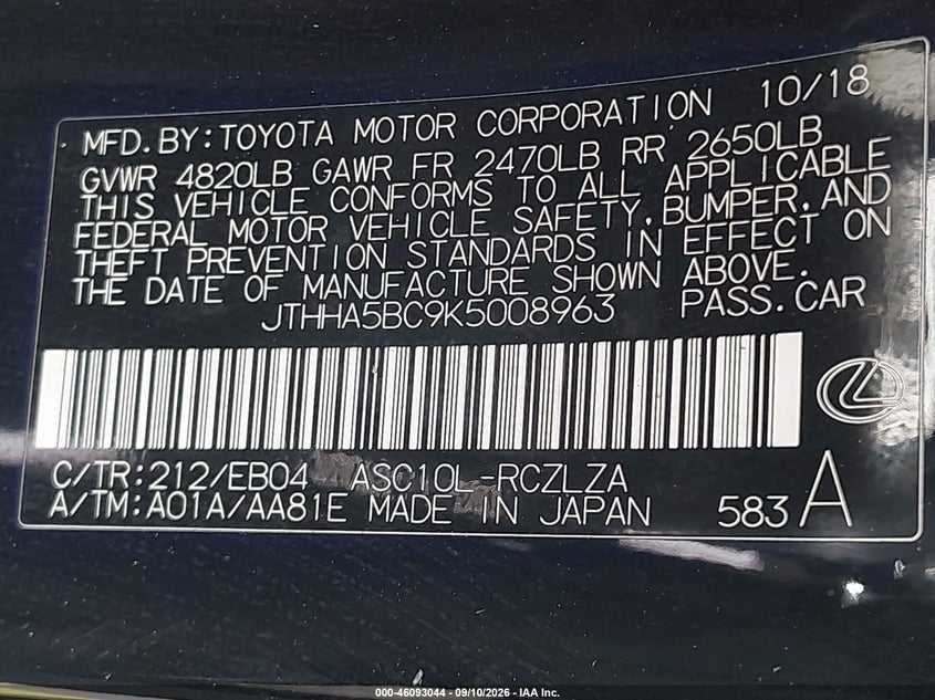 LEXUS RC 300 2019 VIN JTHHA5BC9K5008963