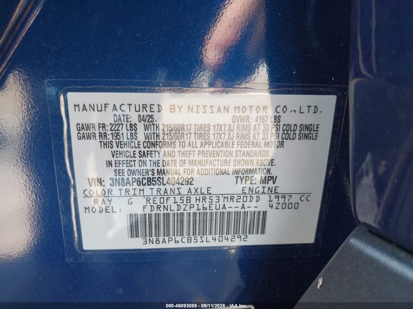 NISSAN KICKS 2025 VIN 3N8AP6CB5SL404292