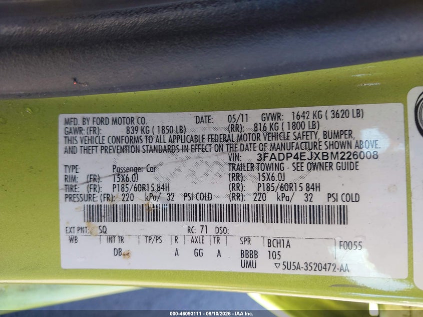 FORD FIESTA 2011 VIN 3FADP4EJXBM226008