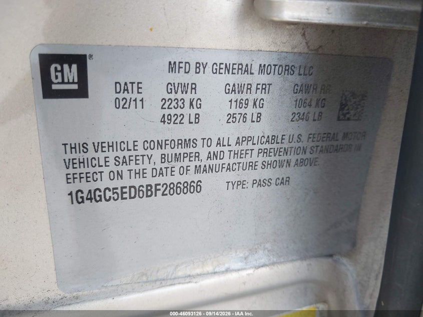 BUICK LACROSSE 2011 VIN 1G4GC5ED6BF286866