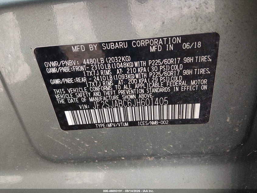 SUBARU FORESTER 2018 VIN JF2SJABC6JH601405