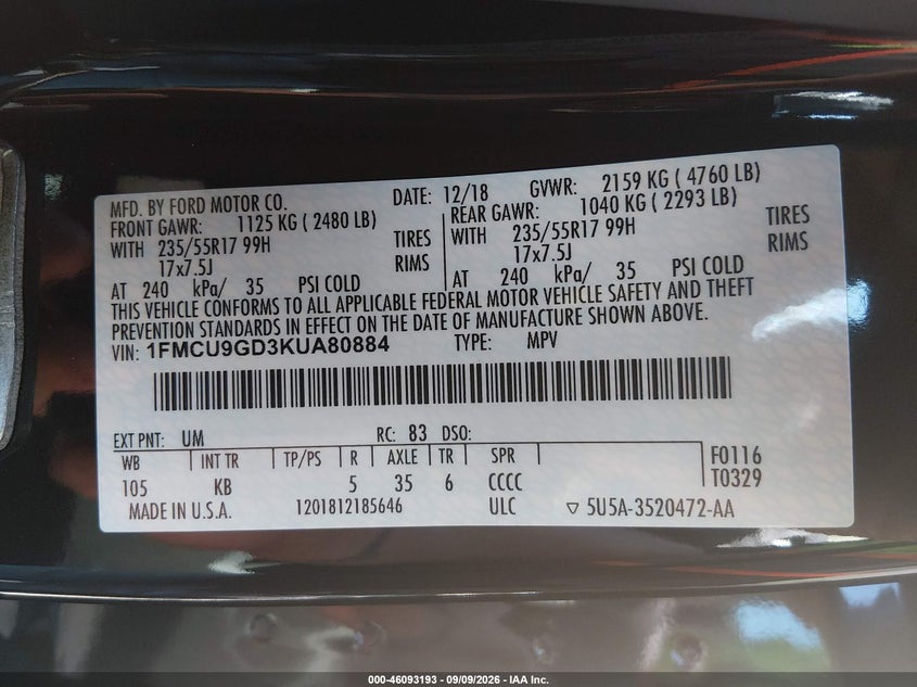 FORD ESCAPE 2019 VIN 1FMCU9GD3KUA80884