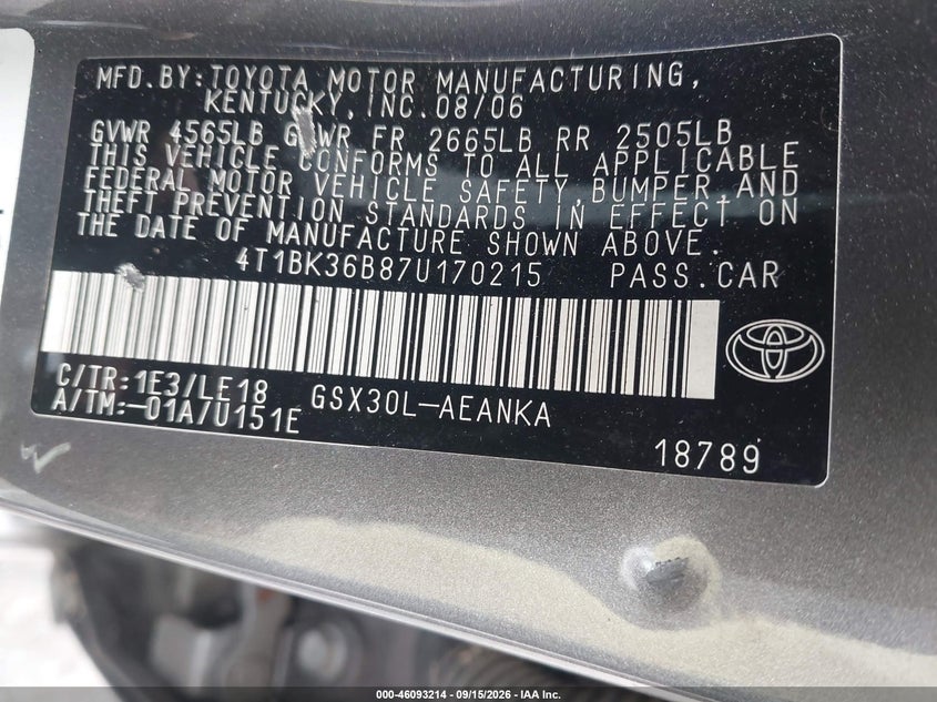 TOYOTA AVALON 2007 VIN 4T1BK36B87U170215