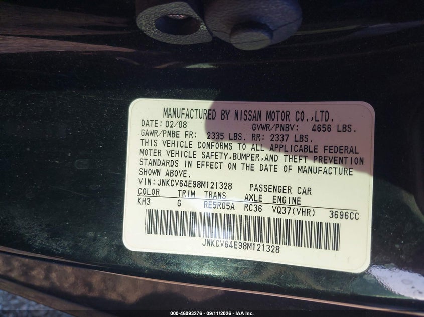 INFINITI G37 2008 VIN JNKCV64E98M121328