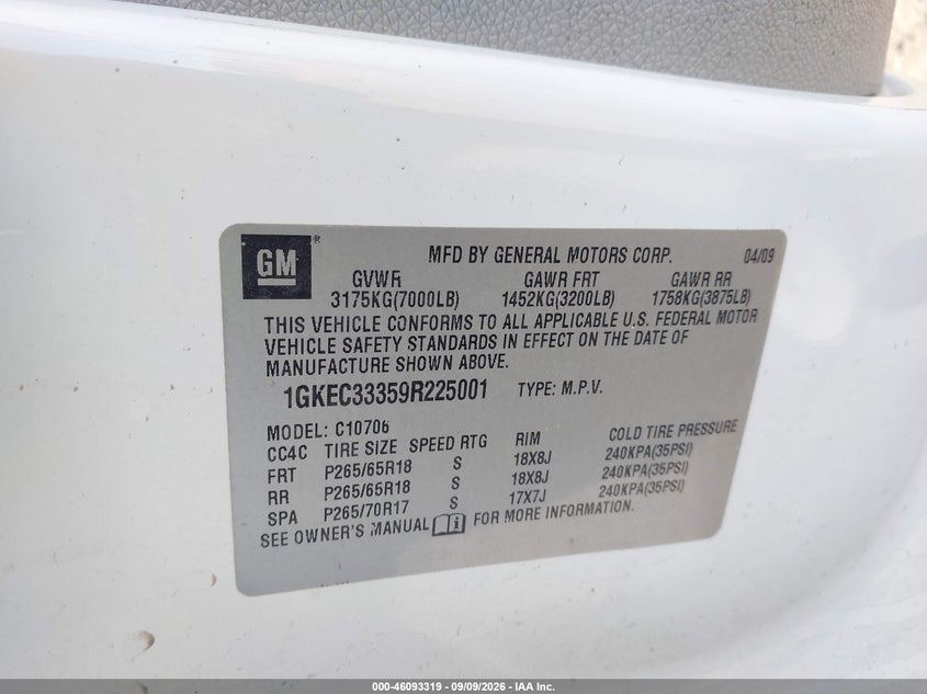 GMC YUKON 2009 VIN 1GKEC33359R225001
