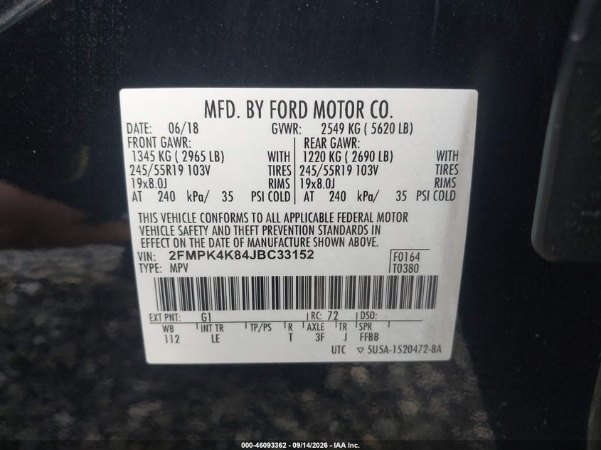 FORD EDGE 2018 VIN 2FMPK4K84JBC33152