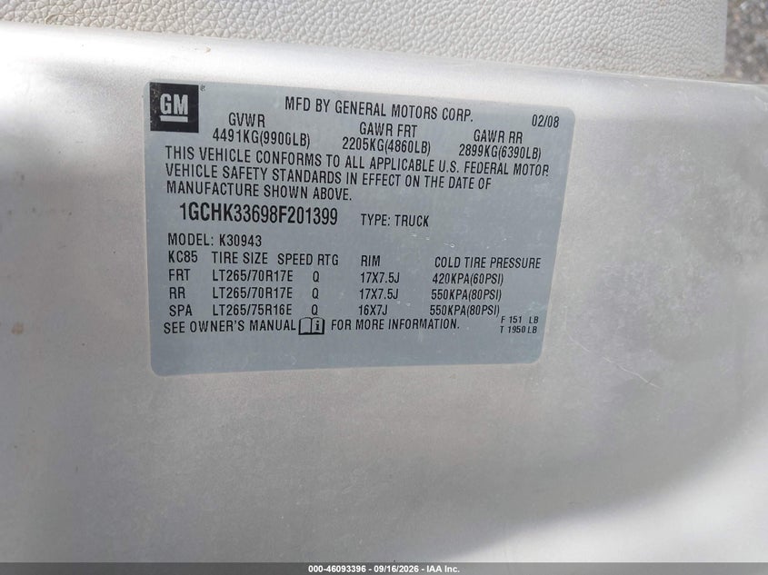 CHEVROLET SILVERADO 3500HD 2008 VIN 1GCHK33698F201399