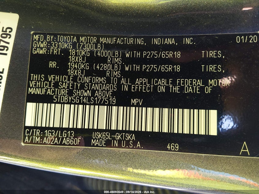 TOYOTA SEQUOIA 2020 VIN 5TDBY5G14LS177519