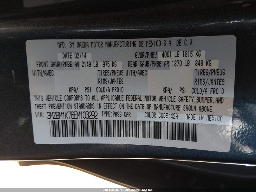 MAZDA MAZDA3 2014 VIN 3MZBM1K76EM103292