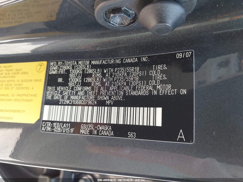 LEXUS RX 350 2008 VIN 2T2HK31U68C079624