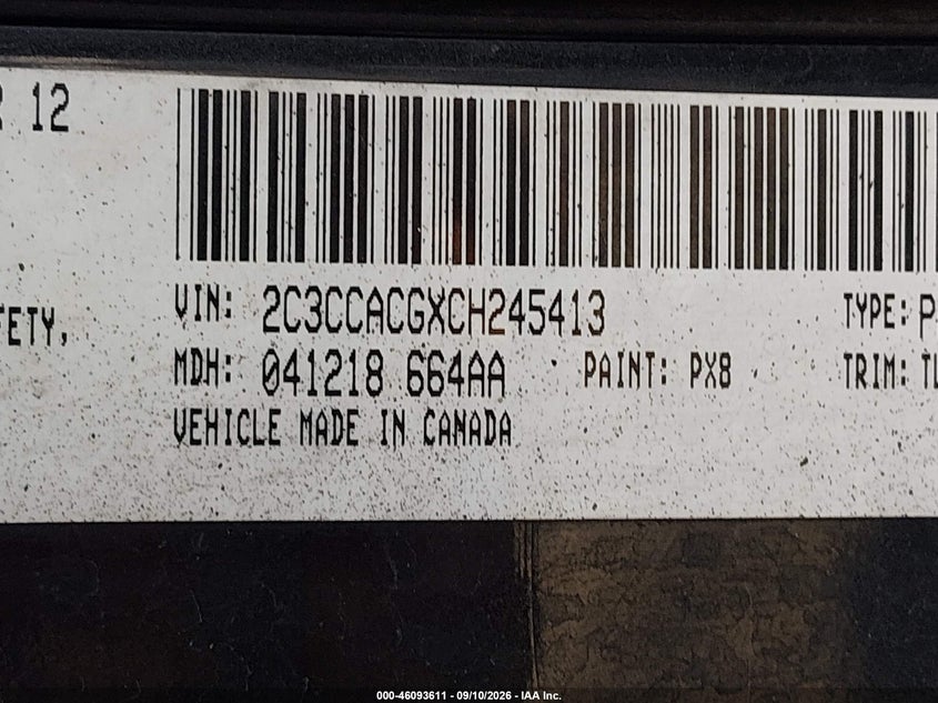 CHRYSLER 300 2012 VIN 2C3CCACGXCH245413