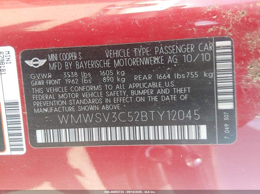 MINI COOPER S 2011 VIN WMWSV3C52BTY12045