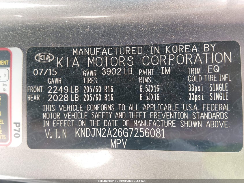 KIA SOUL 2016 VIN KNDJN2A26G7256081