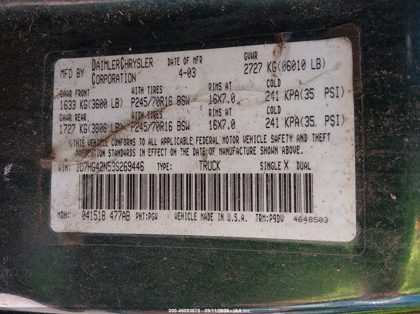 DODGE DAKOTA 2003 VIN 1D7HG42N53S269446