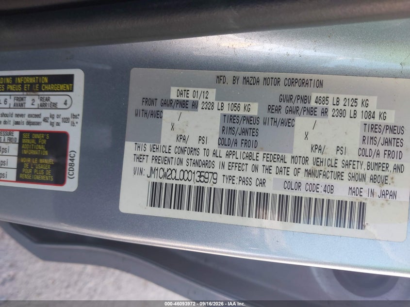 MAZDA MAZDA5 2012 VIN JM1CW2CL0C0135979