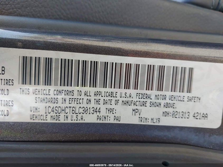 DODGE DURANGO 2020 VIN 1C4SDHCT6LC301344