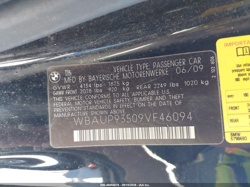 BMW 128I 2009 VIN WBAUP93509VF46094
