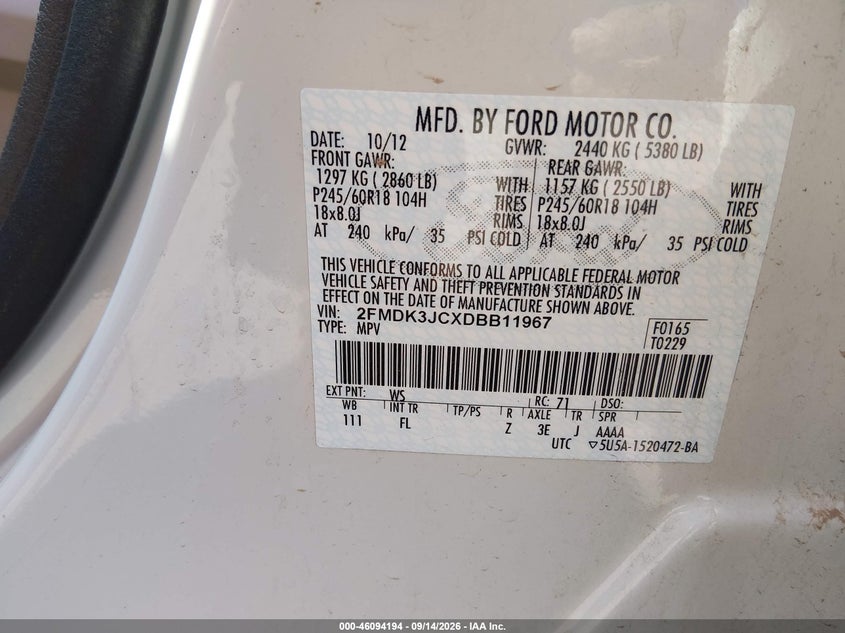 FORD EDGE 2013 VIN 2FMDK3JCXDBB11967