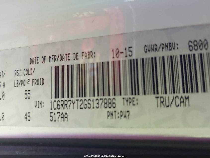 RAM 1500 2016 VIN 1C6RR7YT2GS137886