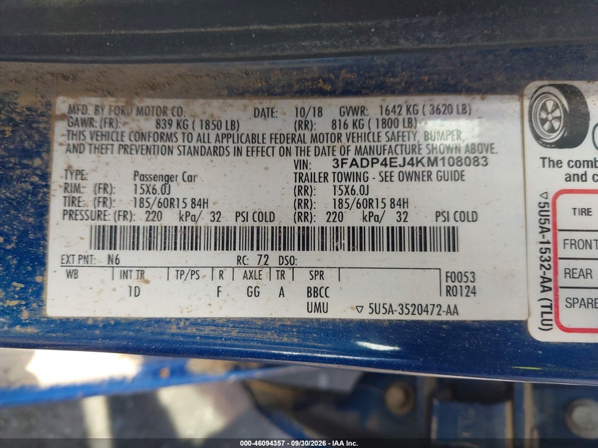 FORD FIESTA 2019 VIN 3FADP4EJ4KM108083