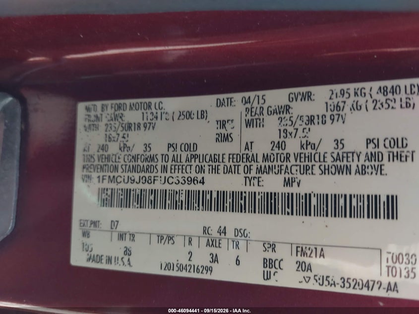 FORD ESCAPE 2015 VIN 1FMCU9J98FUC33964