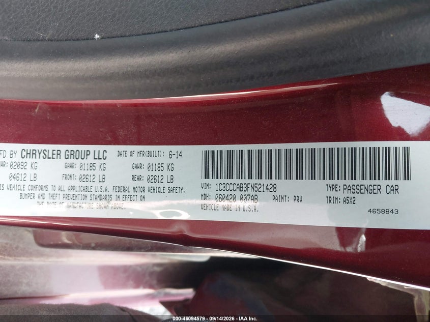 CHRYSLER 200 2015 VIN 1C3CCCAB3FN521428