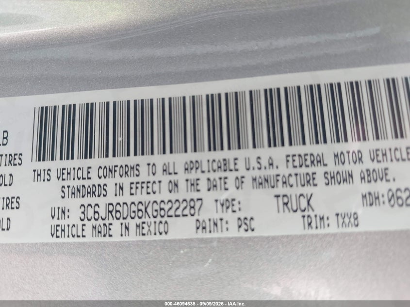 RAM 1500 CLASSIC 2019 VIN 3C6JR6DG6KG622287