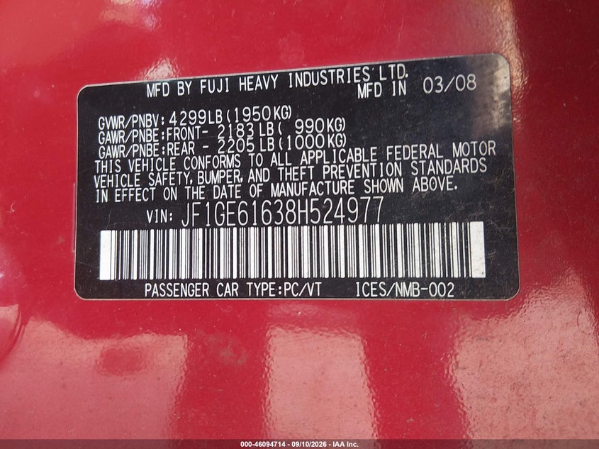 SUBARU IMPREZA 2008 VIN JF1GE61638H524977