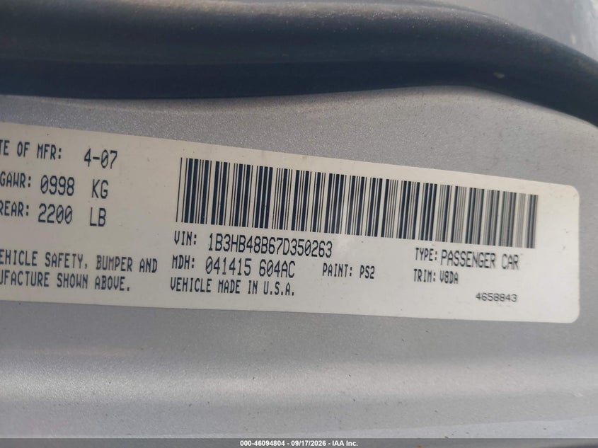 DODGE CALIBER 2007 VIN 1B3HB48B67D350263