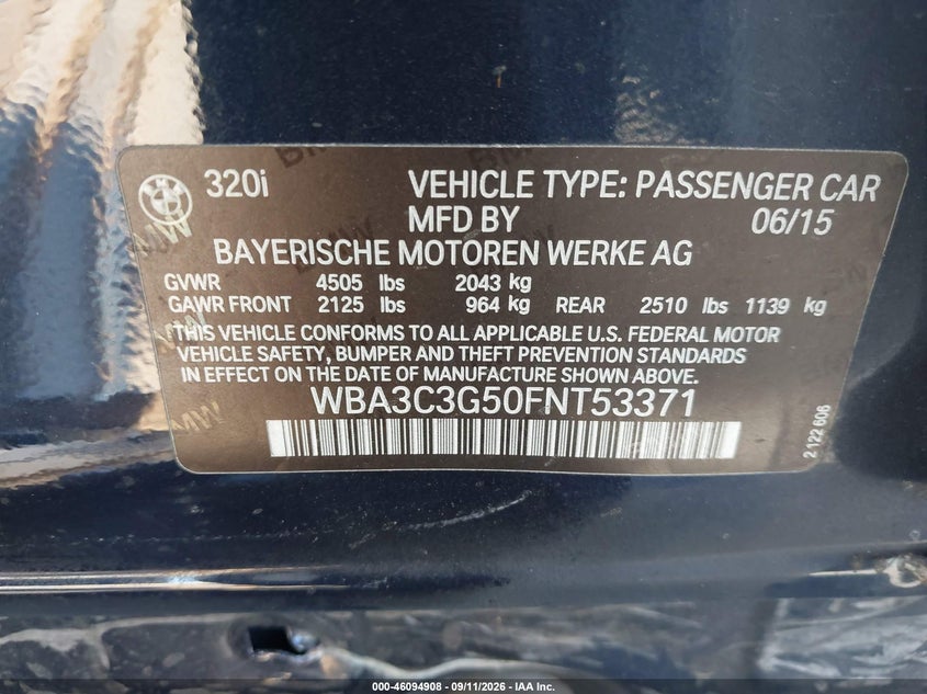 BMW 320I 2015 VIN WBA3C3G50FNT53371