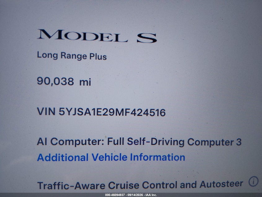 TESLA MODEL S 2021 VIN 5YJSA1E29MF424516