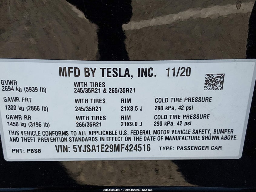 TESLA MODEL S 2021 VIN 5YJSA1E29MF424516